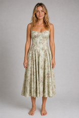 Fleurette Floral Corset Midi Dress | Women's Wedding-Guest Dress in Green