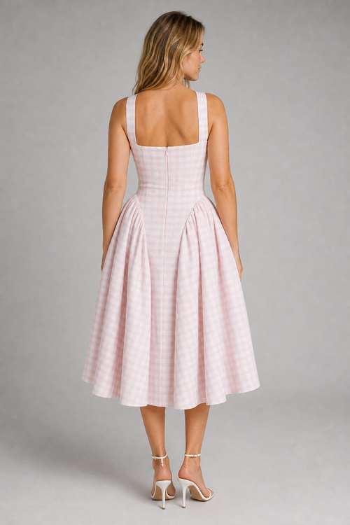 Delia Gingham Midi Dress | Women's Full-Skirt Square-Neck Day Dress