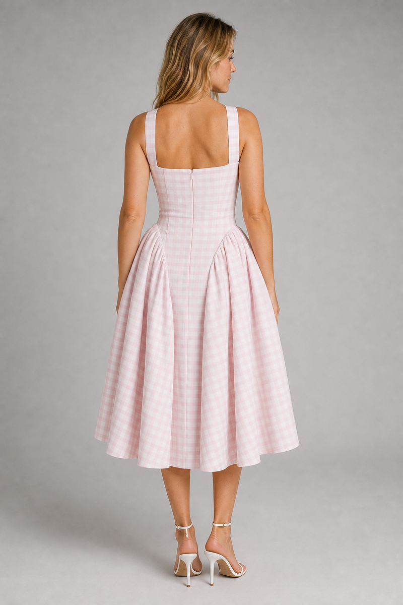 Delia Gingham Midi Dress | Women's Full-Skirt Square-Neck Day Dress