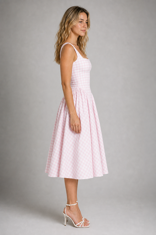 Delia Gingham Midi Dress | Women's Full-Skirt Square-Neck Day Dress