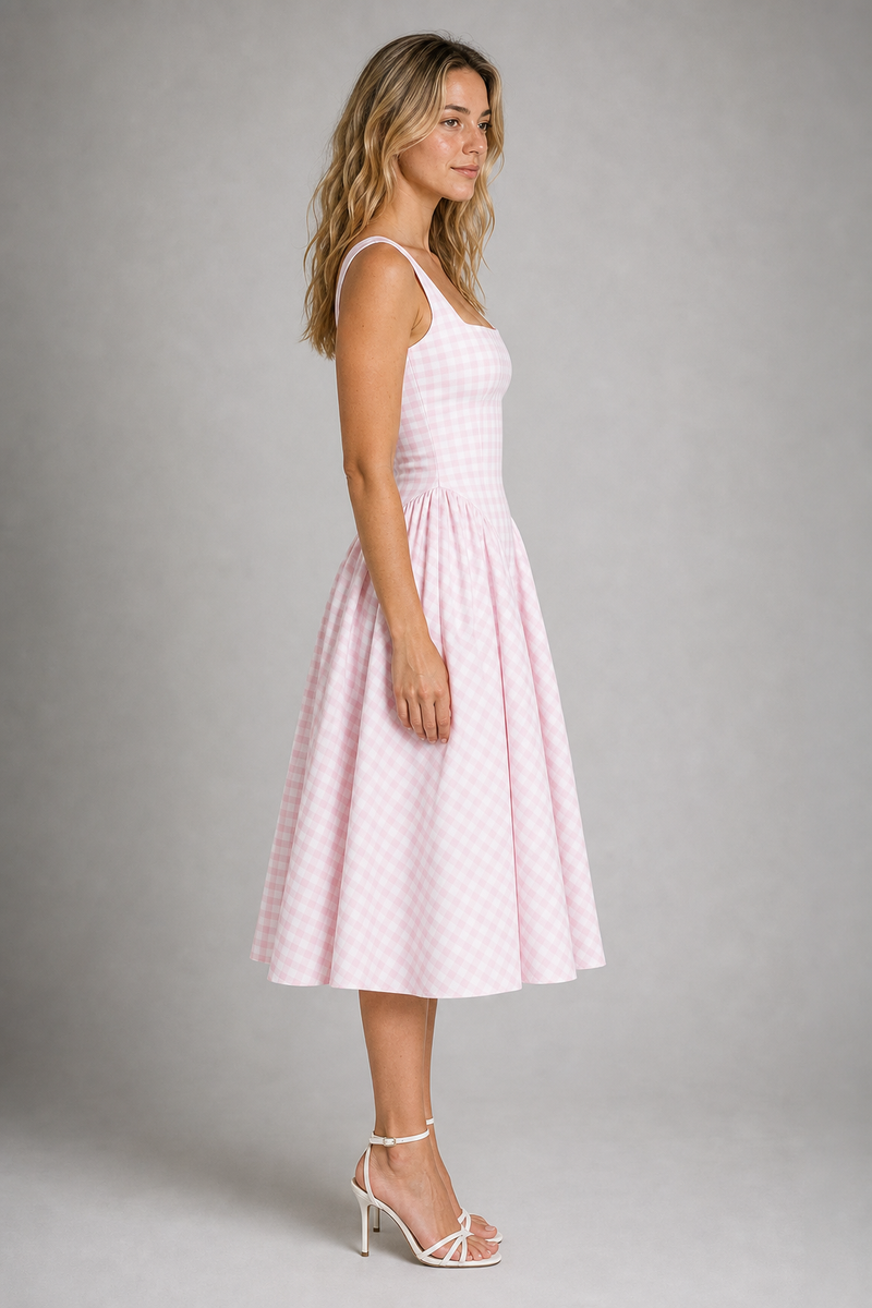 Delia Gingham Midi Dress | Women's Full-Skirt Square-Neck Day Dress