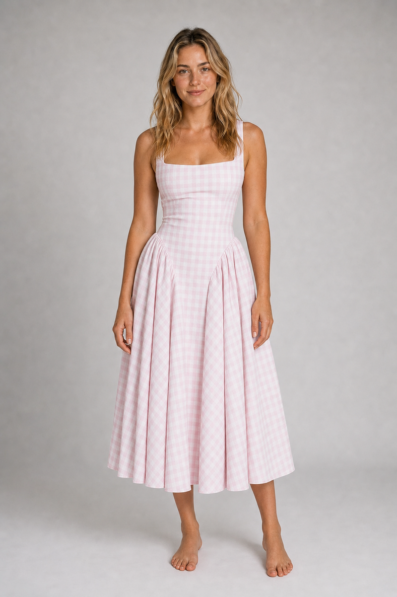Delia Gingham Midi Dress | Women's Full-Skirt Square-Neck Day Dress
