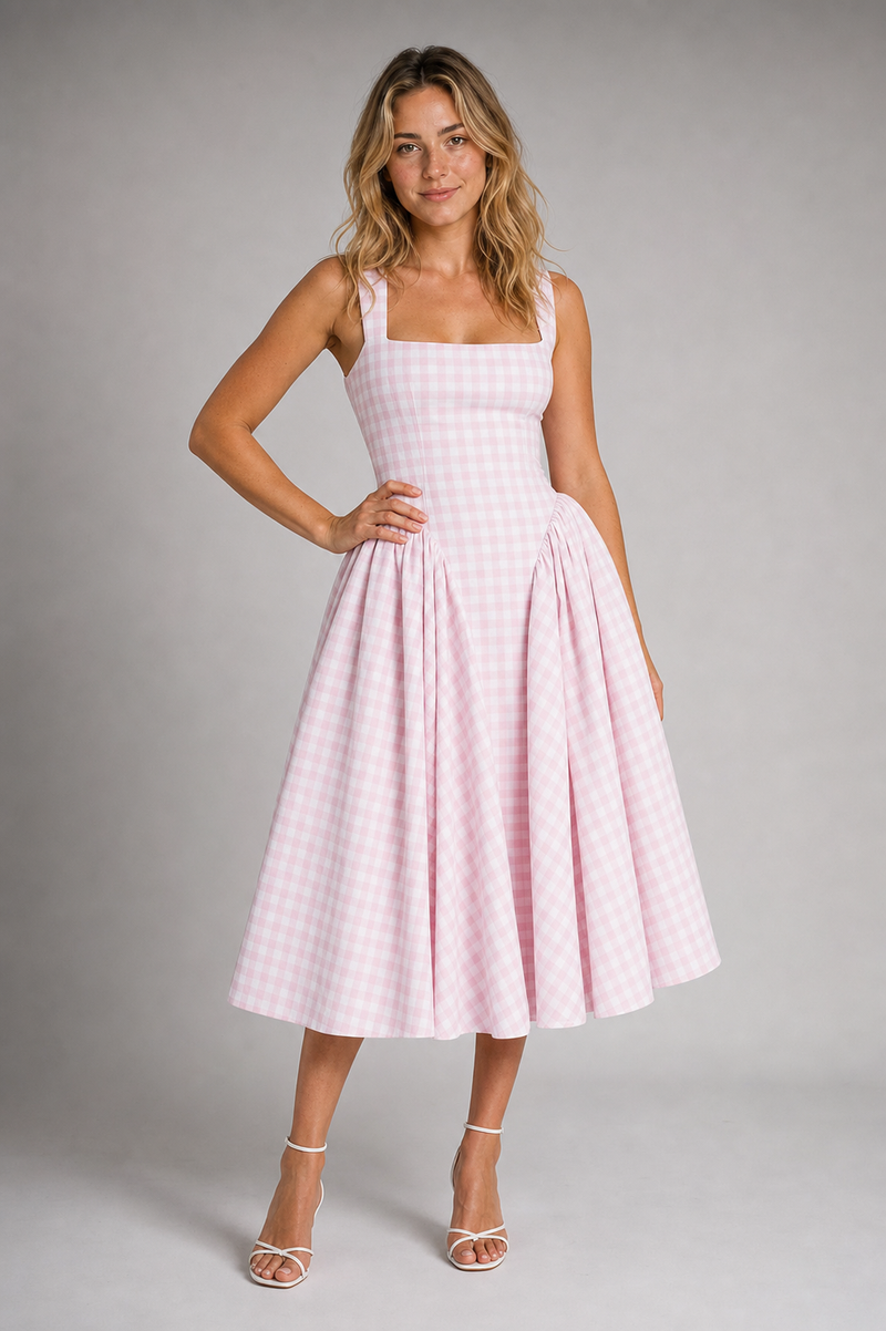 Delia Gingham Midi Dress | Women's Full-Skirt Square-Neck Day Dress