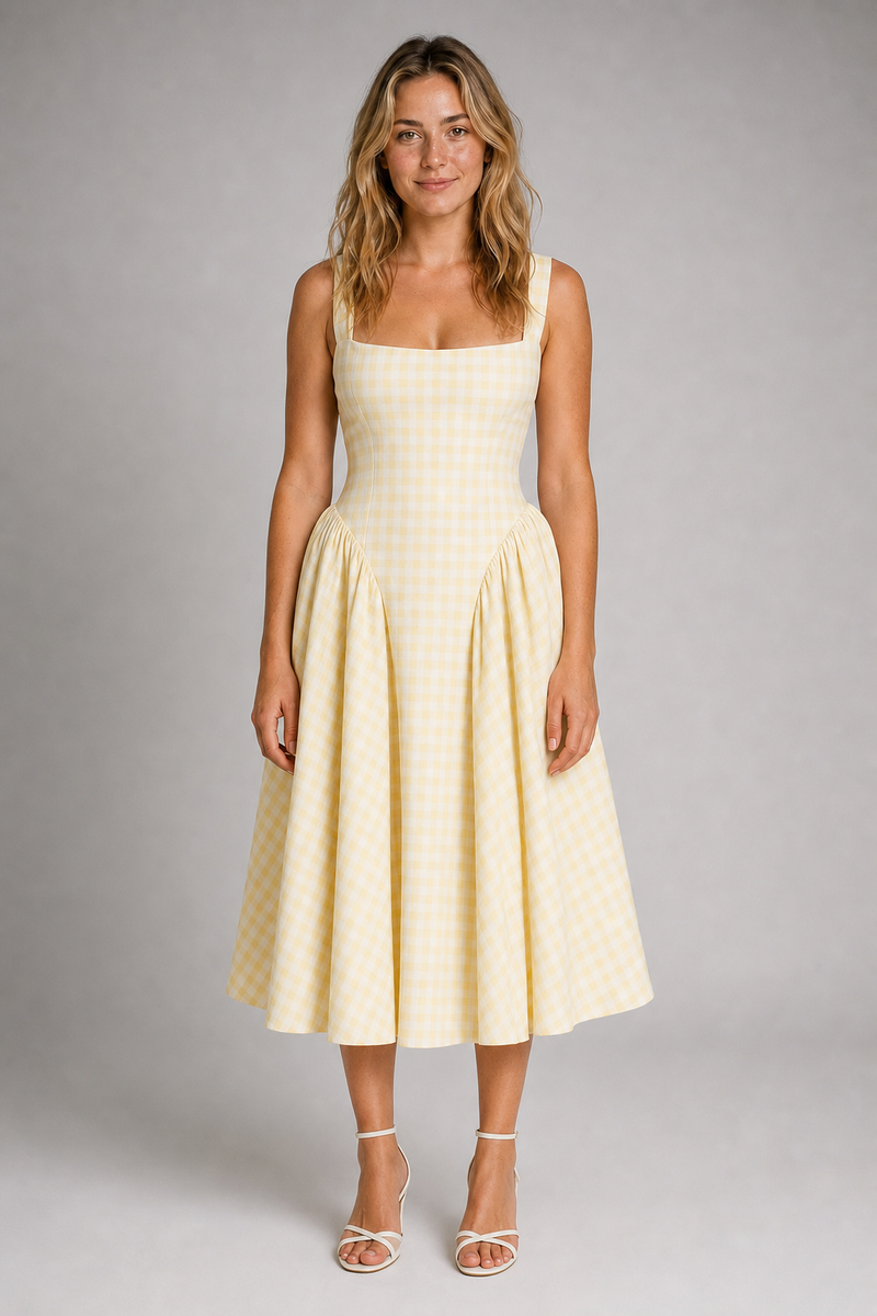 Delia Gingham Midi Dress | Women's Full-Skirt Square-Neck Day Dress