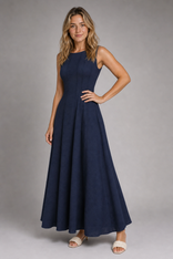 Marnie Ruched Maxi Dress | Women's Sleeveless A-Line Summer Dress in Navy