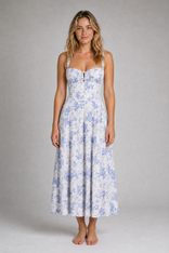 Delyth Floral Corset Midi Dress | Women's Wedding-Guest Dress in Light Blue