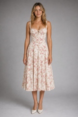 Delyth Floral Corset Midi Dress | Women's Wedding-Guest Dress in Rose Red