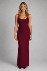 Aurelie Metallic Bandage Maxi Dress | Women's Scoop-Neck Evening Gown in Burgundy