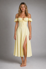 Primrose Milkmaid Corset Midi Dress | Women's Split Occasion Dress in Yellow