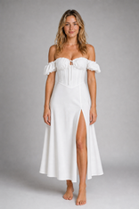 Primrose Milkmaid Corset Midi Dress | Women's Split Occasion Dress in White