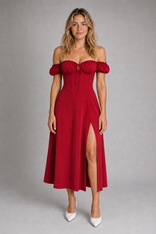 Primrose Milkmaid Corset Midi Dress | Women's Split Occasion Dress in Red