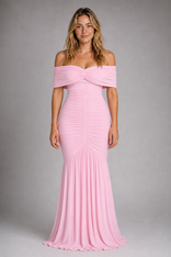 Elaine Off-Shoulder Maxi Dress | Women's Ruched Bodycon Occasion Dress in Pink
