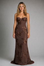 Isolène Corset Maxi Dress | Women's Sweetheart Wedding Gown in Brown