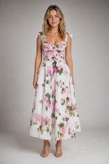 Fiora Corset Midi Dress | Women's Tie-Strap Day Dress in Pink