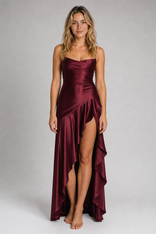 Rosalie Fontaine High-Low Maxi Dress | Women's Draped Evening Gown in Claret