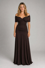 Vivienne Laurent Off-Shoulder Maxi Dress | Women's Evening Gown in Brown