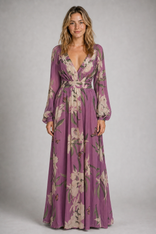 Zosia Floral Maxi Dress | Women's Long-Sleeve Wedding-Guest Dress in Purple