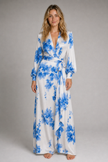 Aurora Sinclair Floral Maxi Dress | Women's Tie-Waist V-Neck Gown in Blue