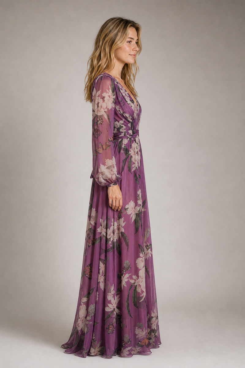 Cecilia V-Neck Maxi Dress | Women's Long-Sleeve Wedding-Guest Dress