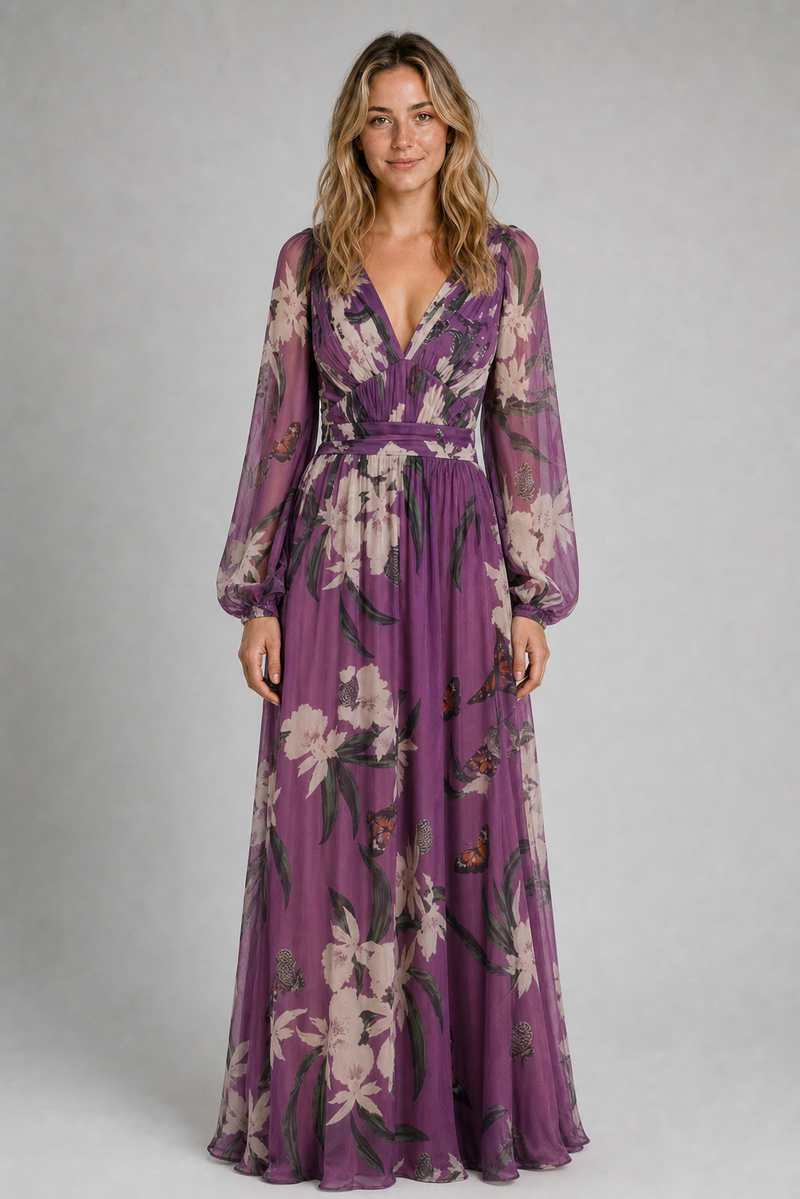 Cecilia V-Neck Maxi Dress | Women's Long-Sleeve Wedding-Guest Dress