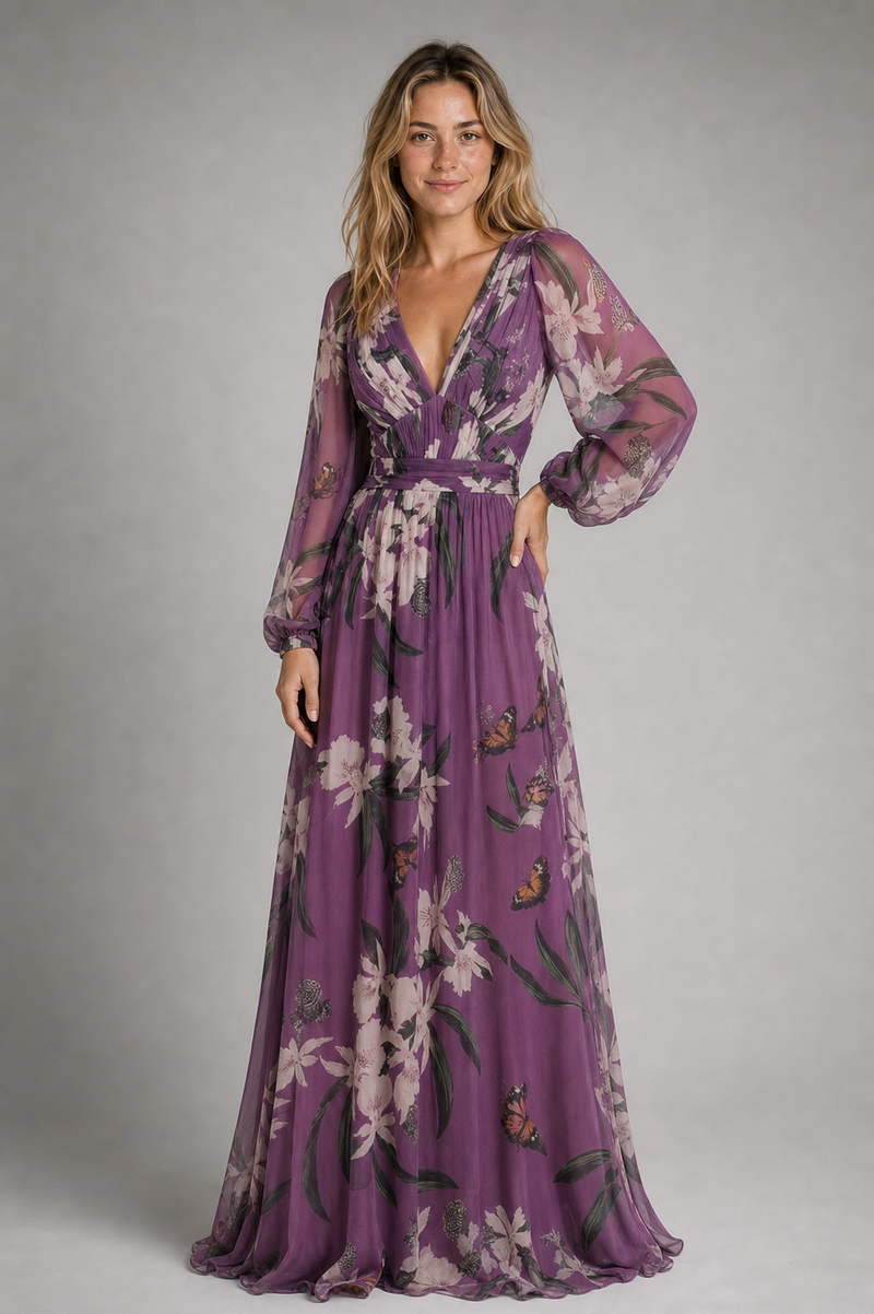 Cecilia V-Neck Maxi Dress | Women's Long-Sleeve Wedding-Guest Dress