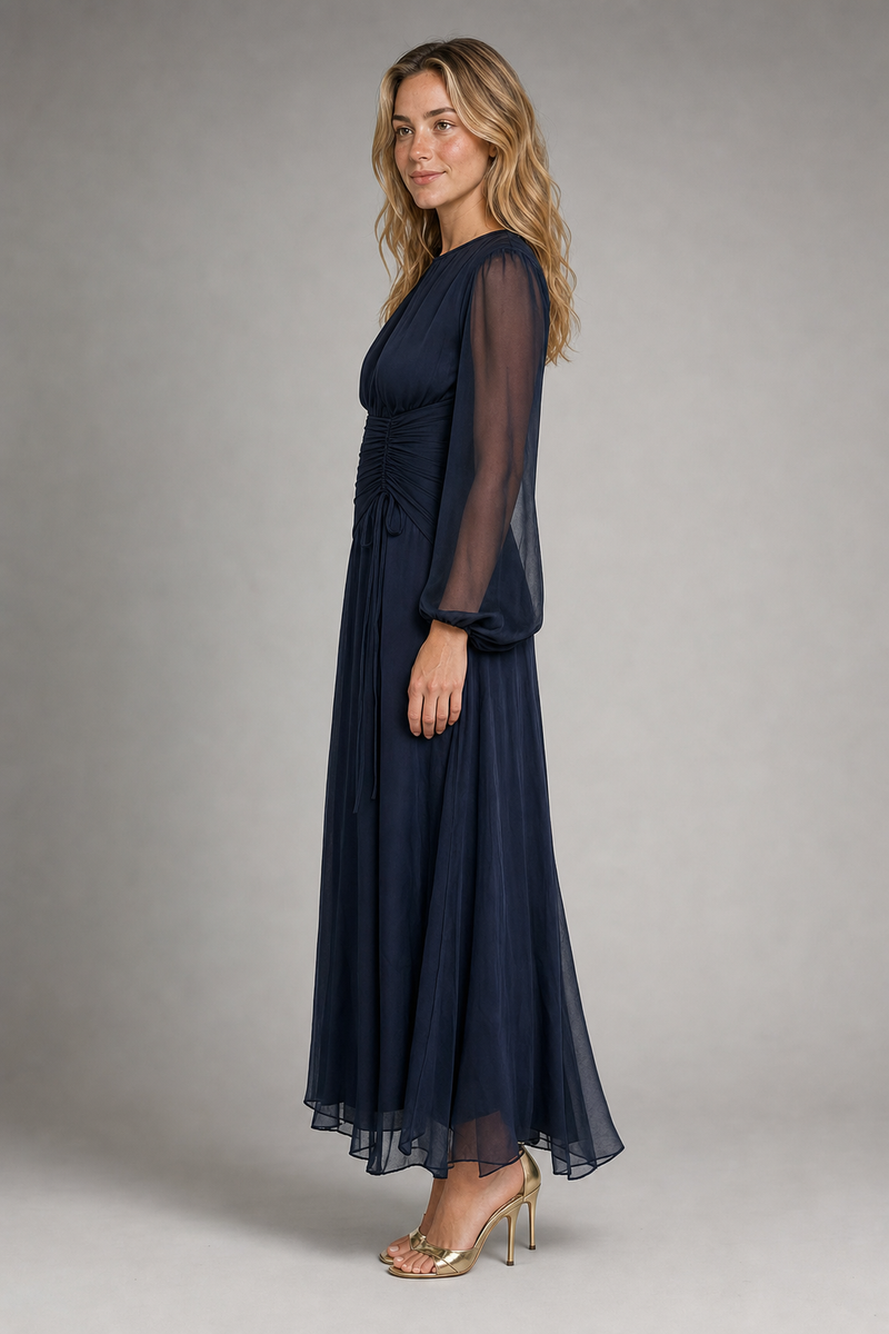 Sabine Ruched Maxi Dress | Women's Sheer-Sleeve Occasion Dress