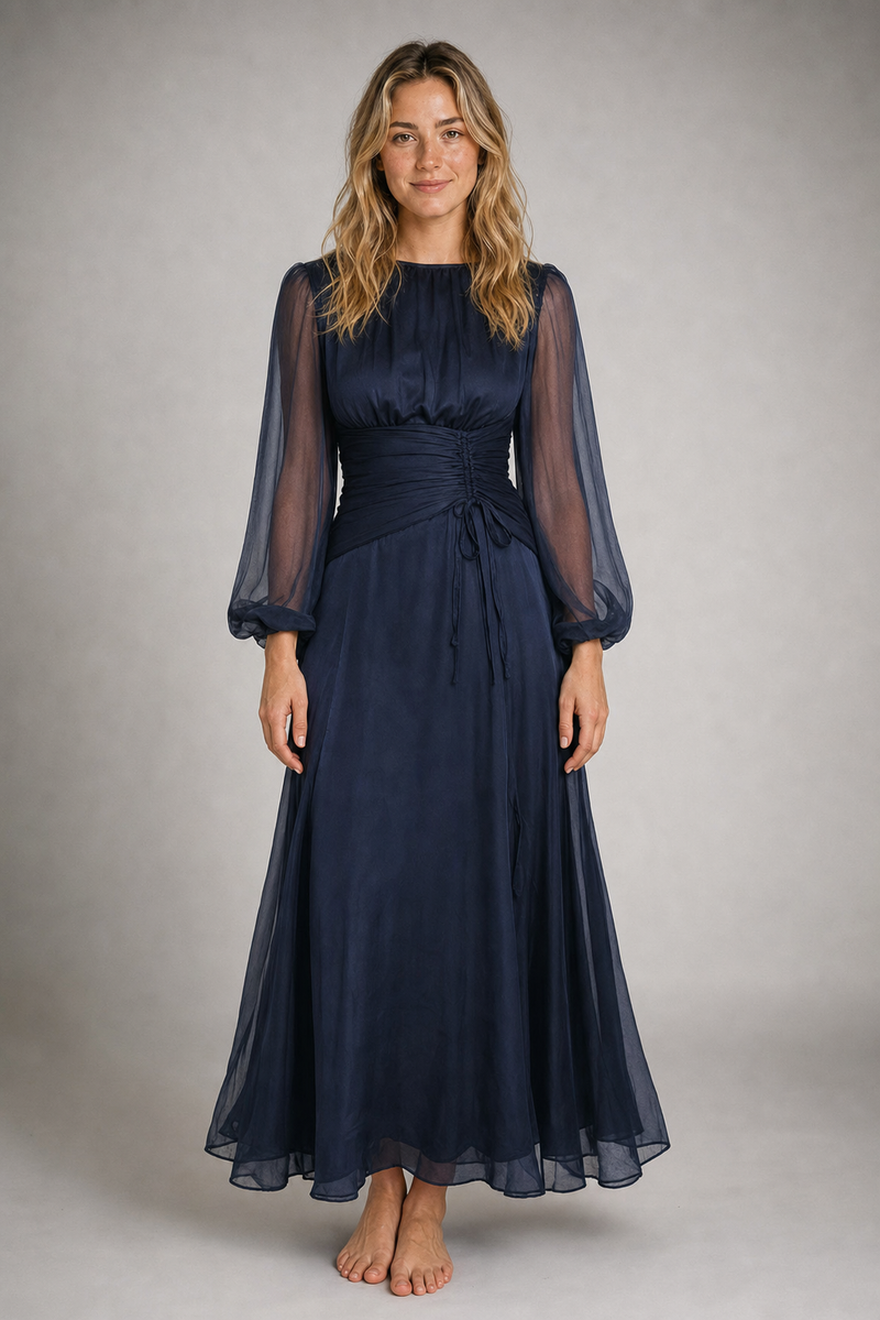 Sabine Ruched Maxi Dress | Women's Sheer-Sleeve Occasion Dress