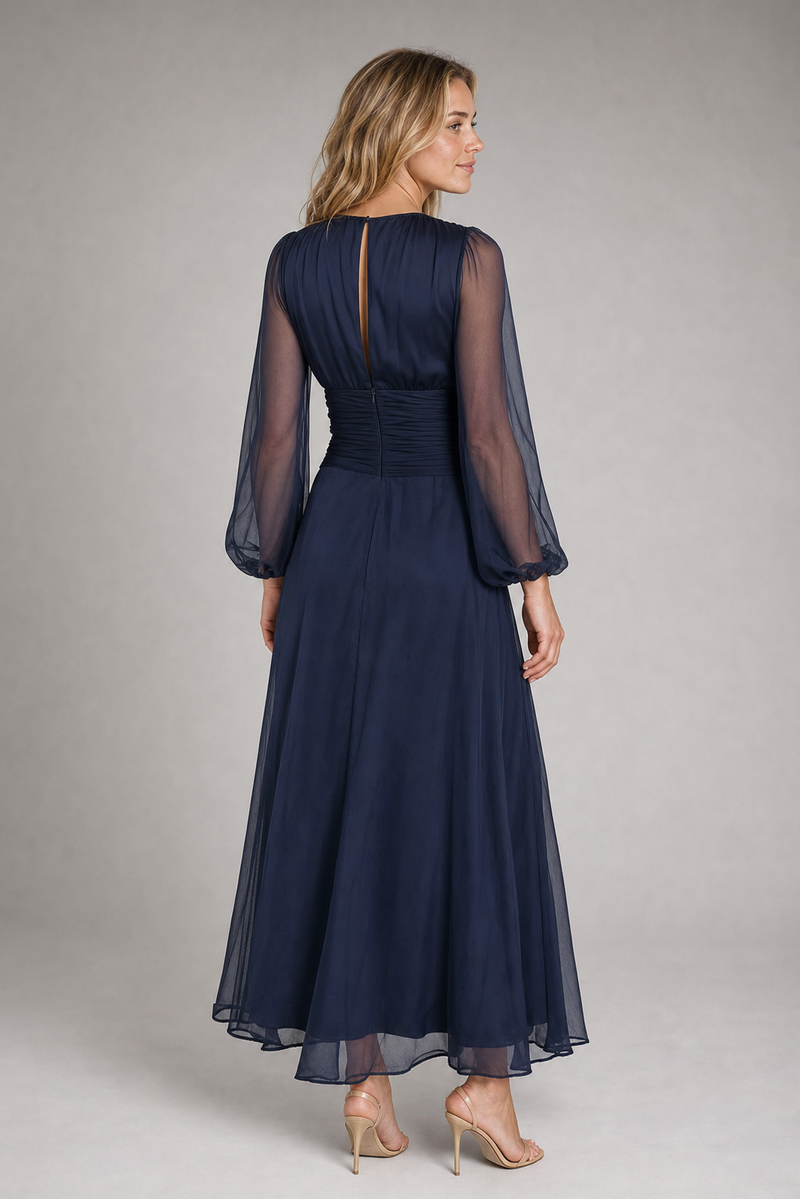 Sabine Ruched Maxi Dress | Women's Sheer-Sleeve Occasion Dress