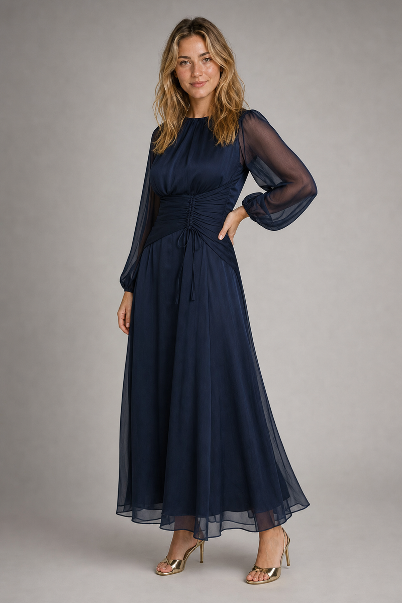 Sabine Ruched Maxi Dress | Women's Sheer-Sleeve Occasion Dress