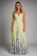 Floral A-Line Dress | Women's V-Neck Wedding-Guest Dress in Yellow