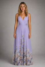 Floral A-Line Dress | Women's V-Neck Wedding-Guest Dress in Purple