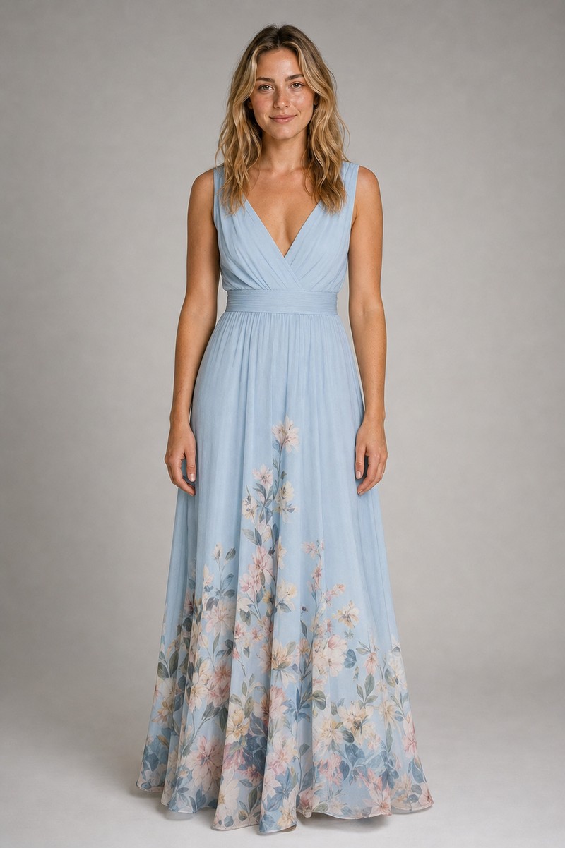 Floral A-Line Dress | Women's V-Neck Wedding-Guest Dress