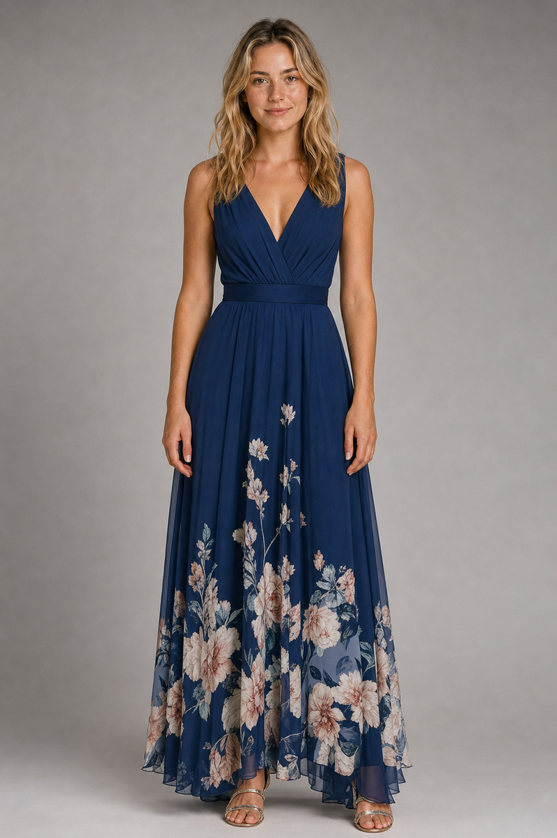 Floral A-Line Dress | Women's V-Neck Wedding-Guest Dress