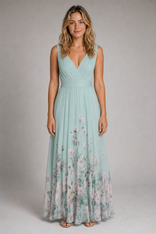 Floral A-Line Dress | Women's V-Neck Wedding-Guest Dress in Light Green