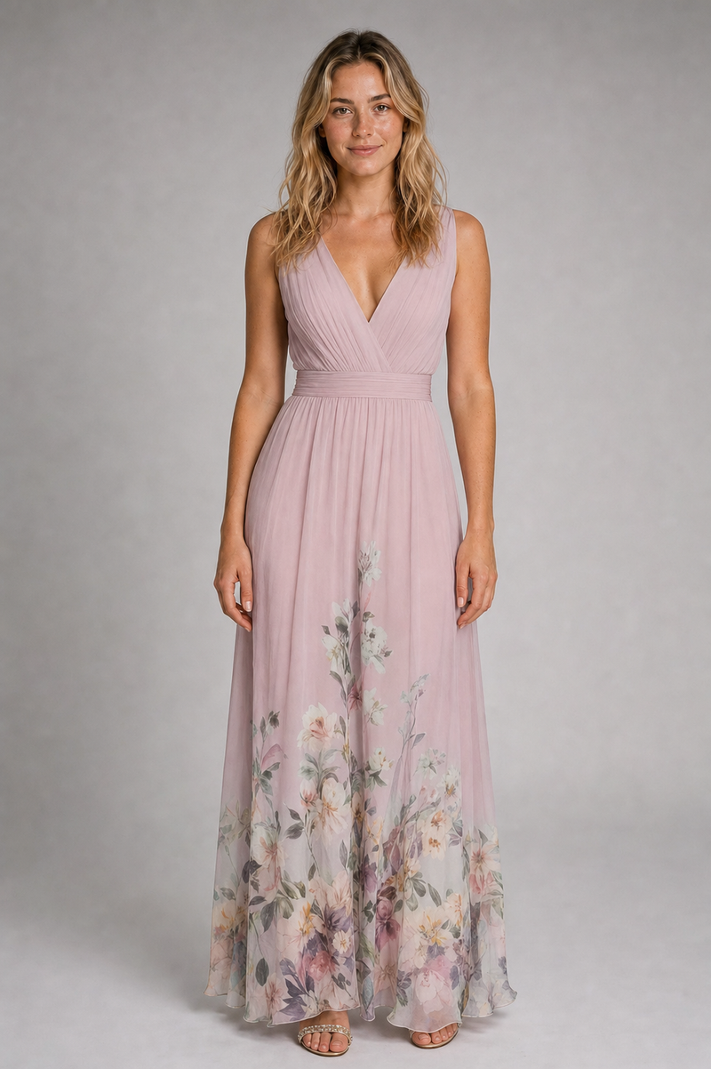 Floral A-Line Dress | Women's V-Neck Wedding-Guest Dress