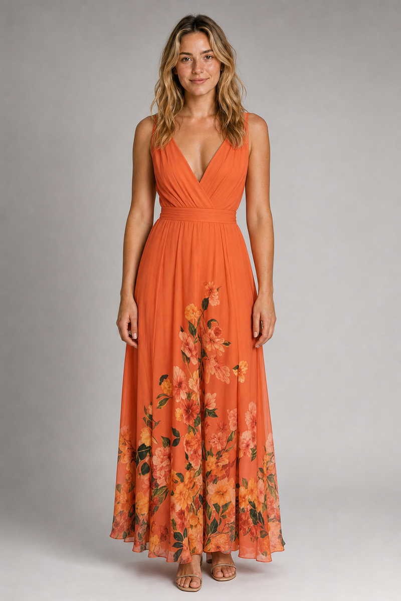 Floral A-Line Dress | Women's V-Neck Wedding-Guest Dress