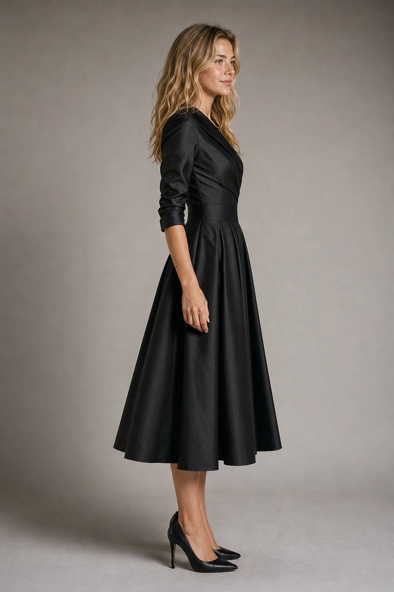 Aselma Shawl-Collar A-Line Midi Dress | Women's Pleated Dress
