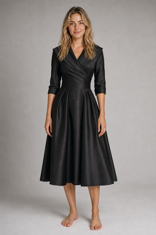 Aselma Shawl-Collar A-Line Midi Dress | Women's Pleated Dress