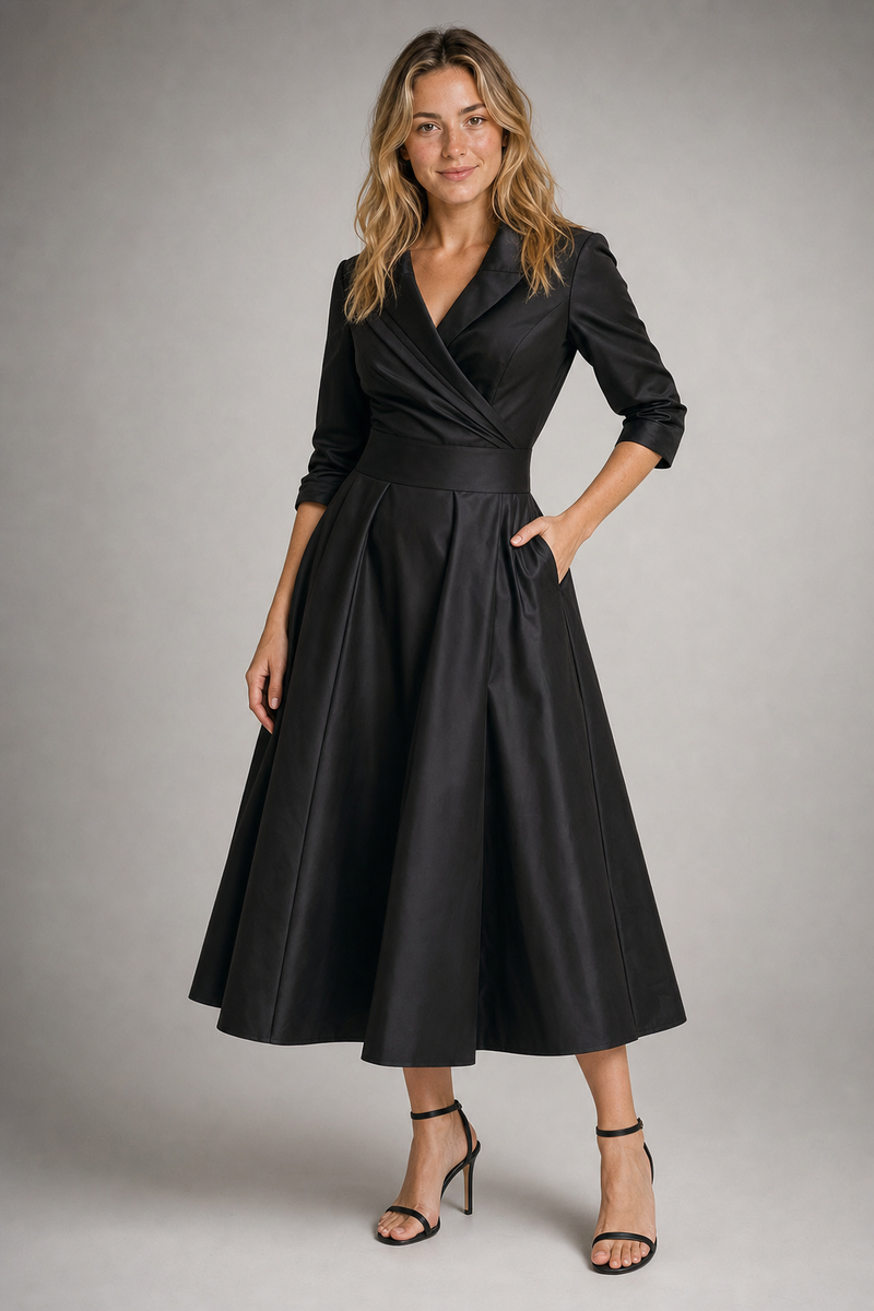 Aselma Shawl-Collar A-Line Midi Dress | Women's Pleated Dress