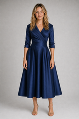Aselma Shawl-Collar A-Line Midi Dress | Women's Pleated Dress in Navy Blue