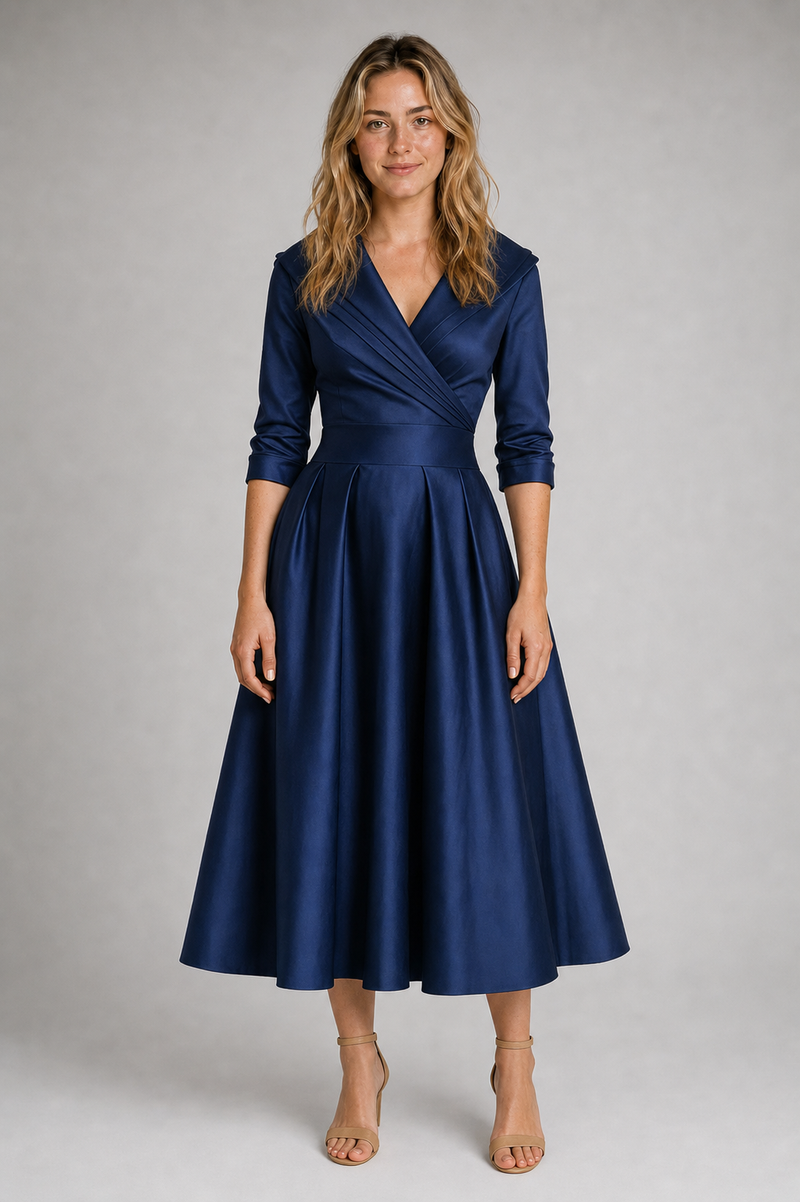 Aselma Shawl-Collar A-Line Midi Dress | Women's Pleated Dress