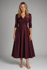 Aselma Shawl-Collar A-Line Midi Dress | Women's Pleated Dress in Burgundy