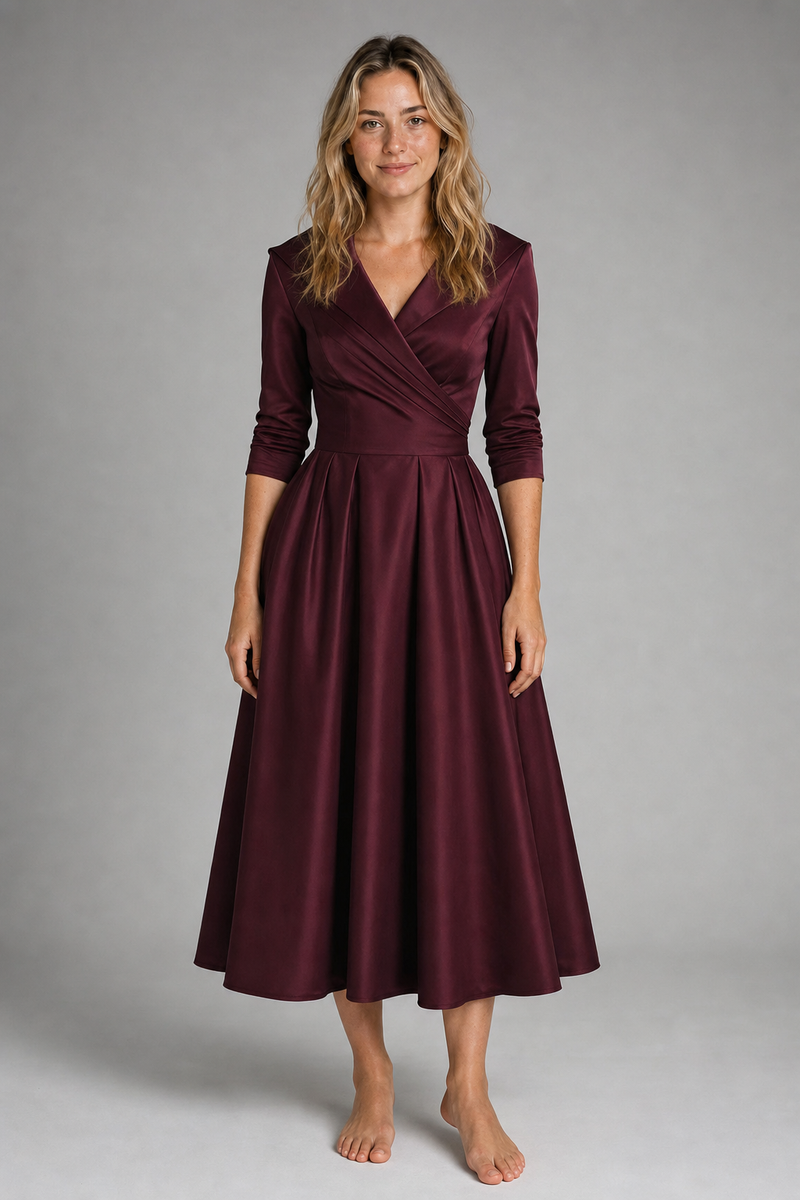 Aselma Shawl-Collar A-Line Midi Dress | Women's Pleated Dress