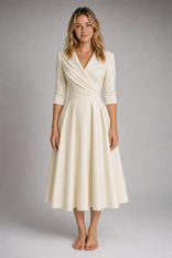 Aselma Shawl-Collar A-Line Midi Dress | Women's Pleated Dress in Beige