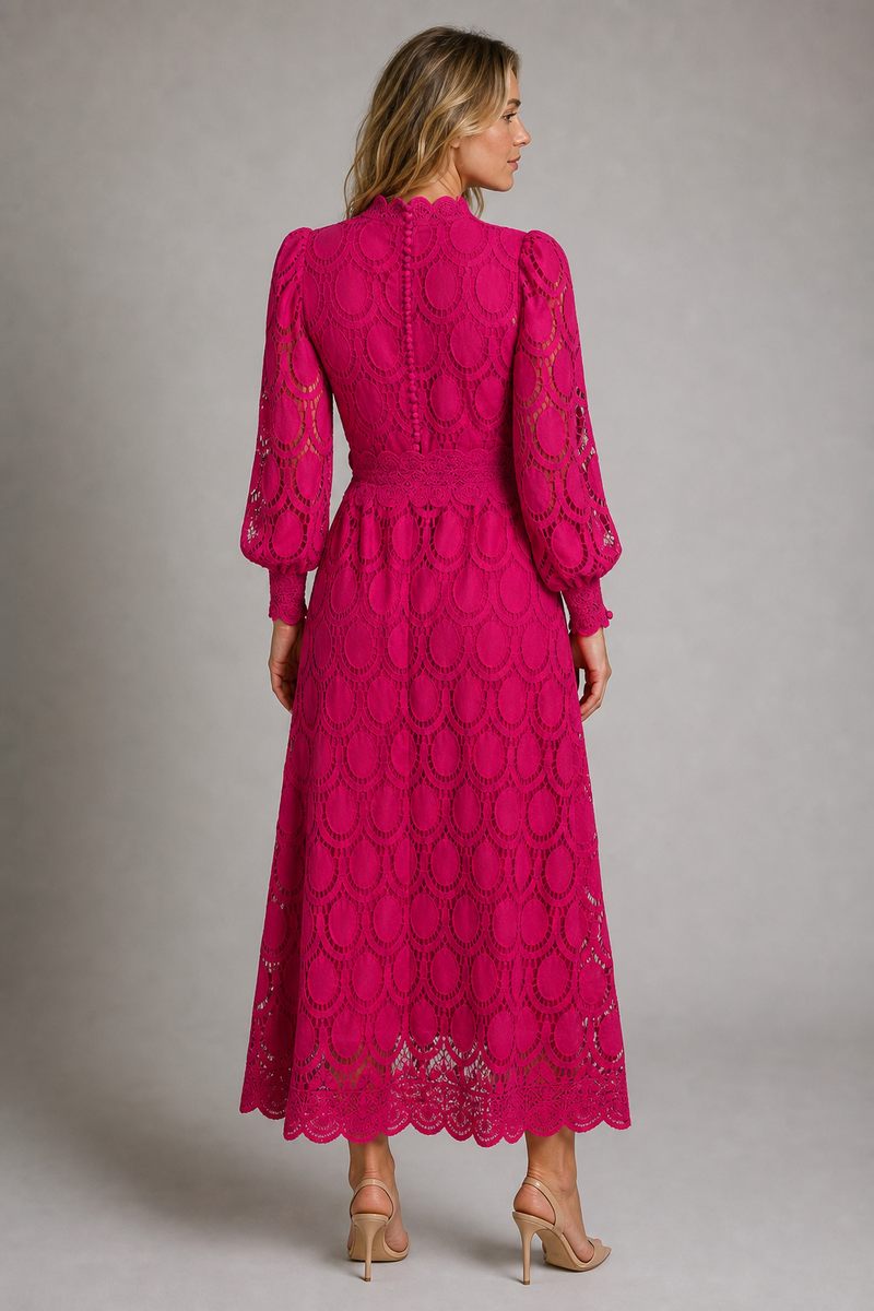 Jasmine Lace Midi Dress | Women's Puff-Sleeve High-Neck Dress
