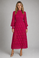 Jasmine Lace Midi Dress | Women's Puff-Sleeve High-Neck Dress in Pink