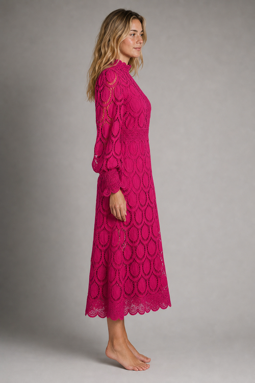 Jasmine Lace Midi Dress | Women's Puff-Sleeve High-Neck Dress