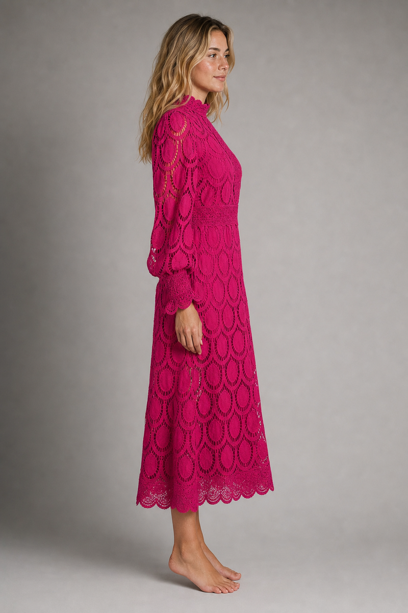 Jasmine Lace Midi Dress | Women's Puff-Sleeve High-Neck Dress