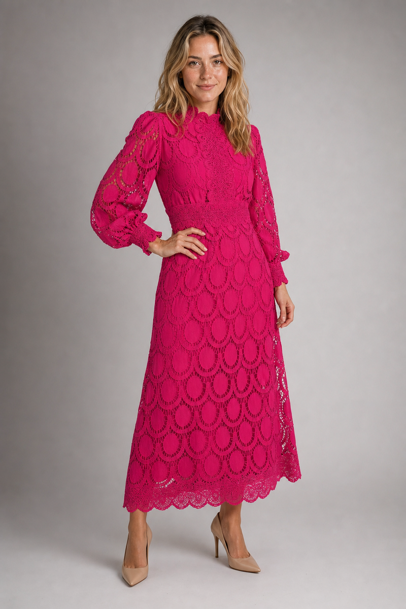 Jasmine Lace Midi Dress | Women's Puff-Sleeve High-Neck Dress