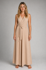 Fenella V-Neck Maxi Dress | Women's Minimalist Wedding-Guest Dress in Khaki